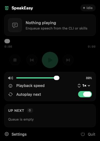 SpeakEasy menu-bar player showing its playback controls and live transcript